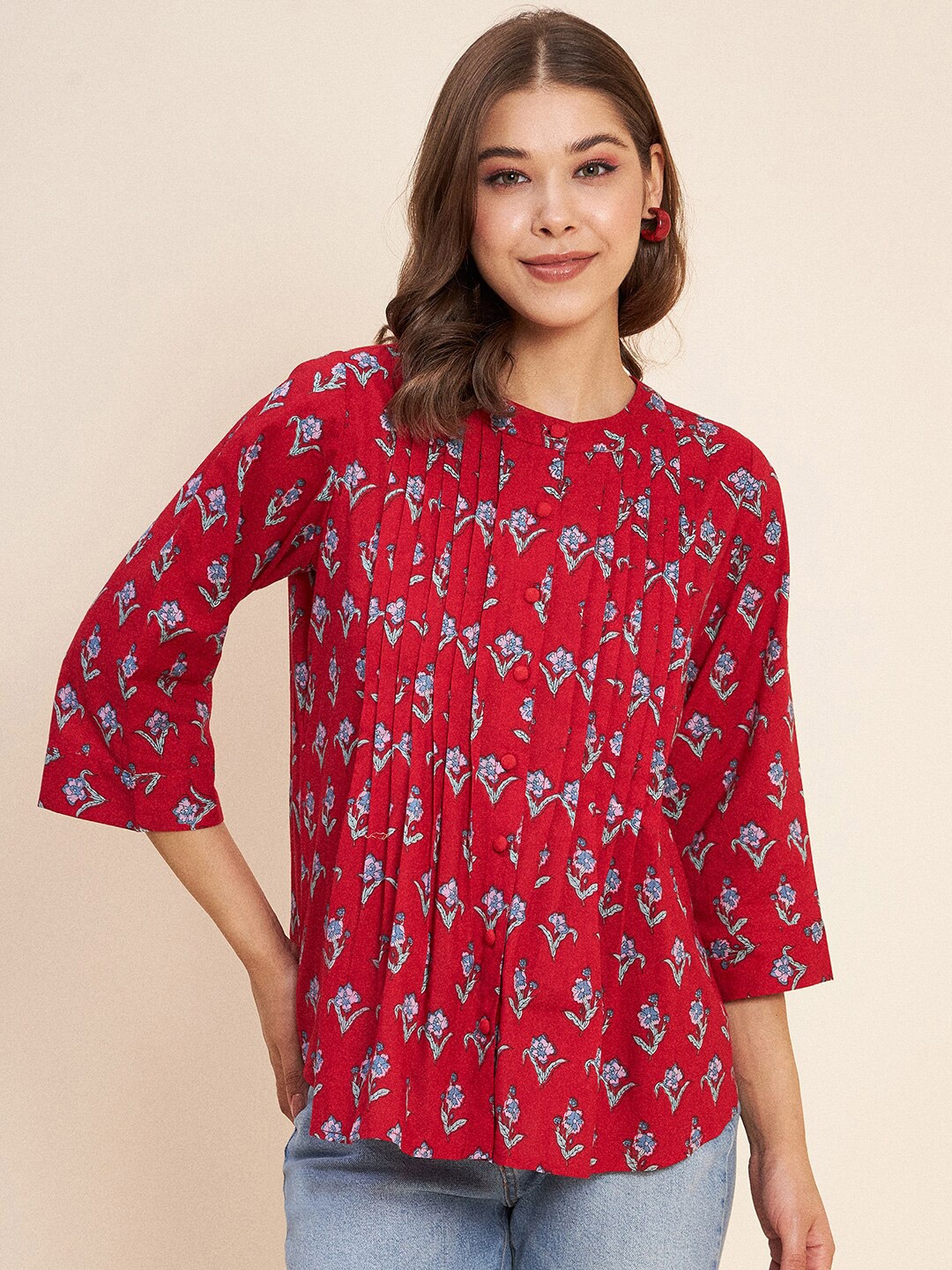 

Antheaa Floral Printed Band Collar Pleated Pure Cotton Top, Red
