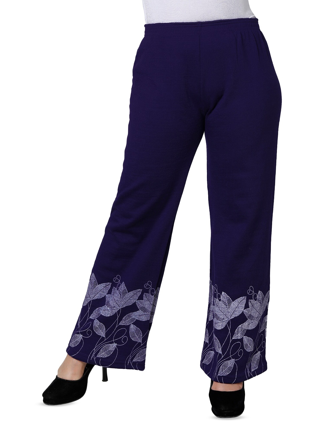 

BAESD Straight Fit Floral Hem Design Knitted Palazzos, Navy blue