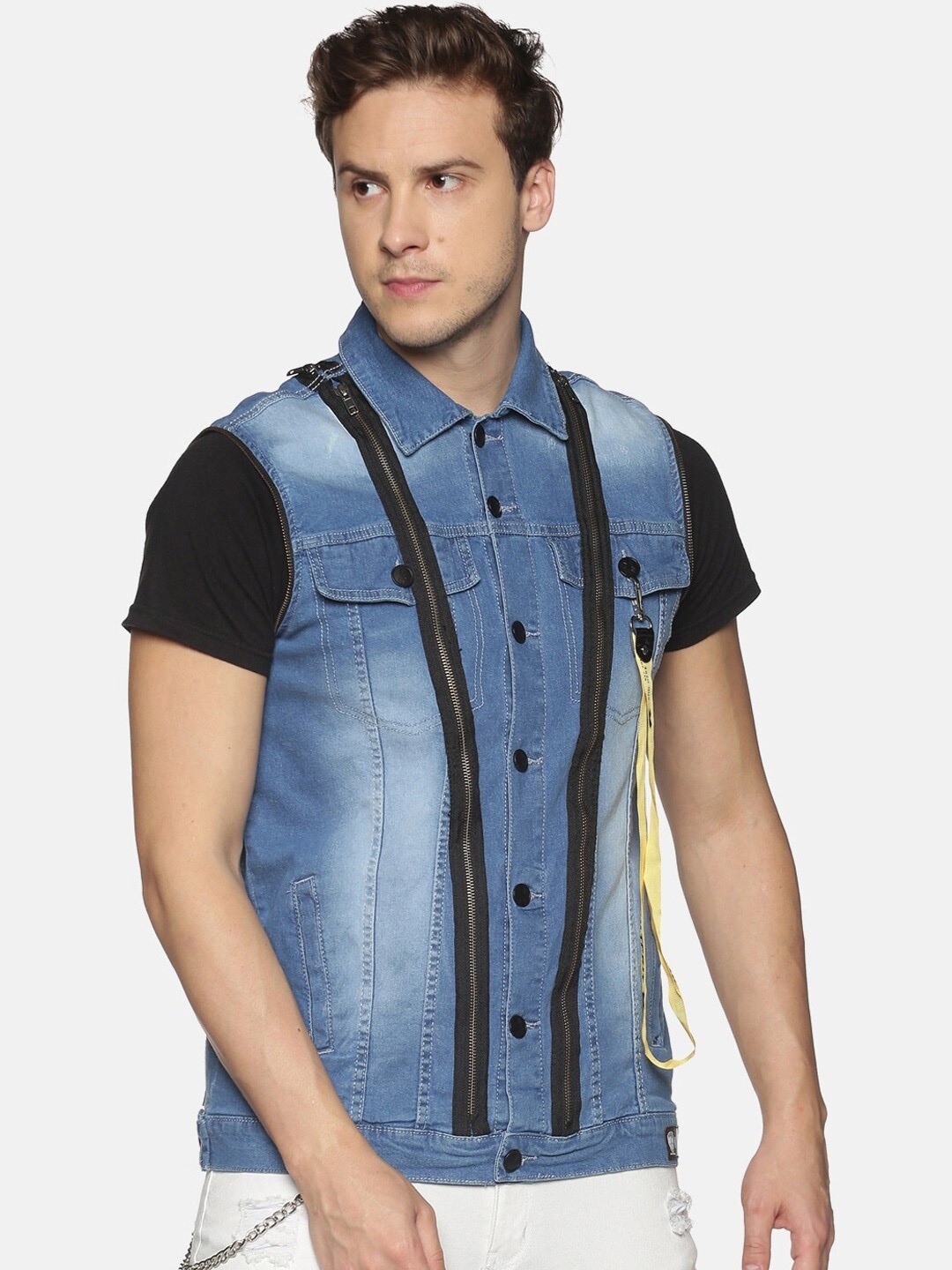 

KULTPRIT Zip Detail Washed Denim Jacket, Blue