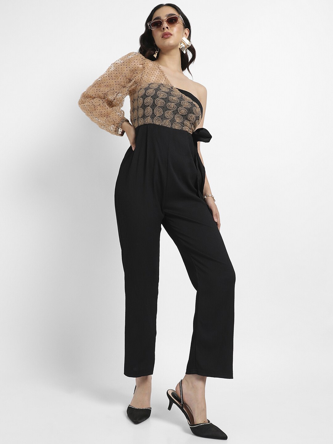 

Campus Sutra Black & Beige Self Design One-Shoulder Basic Jumpsuit