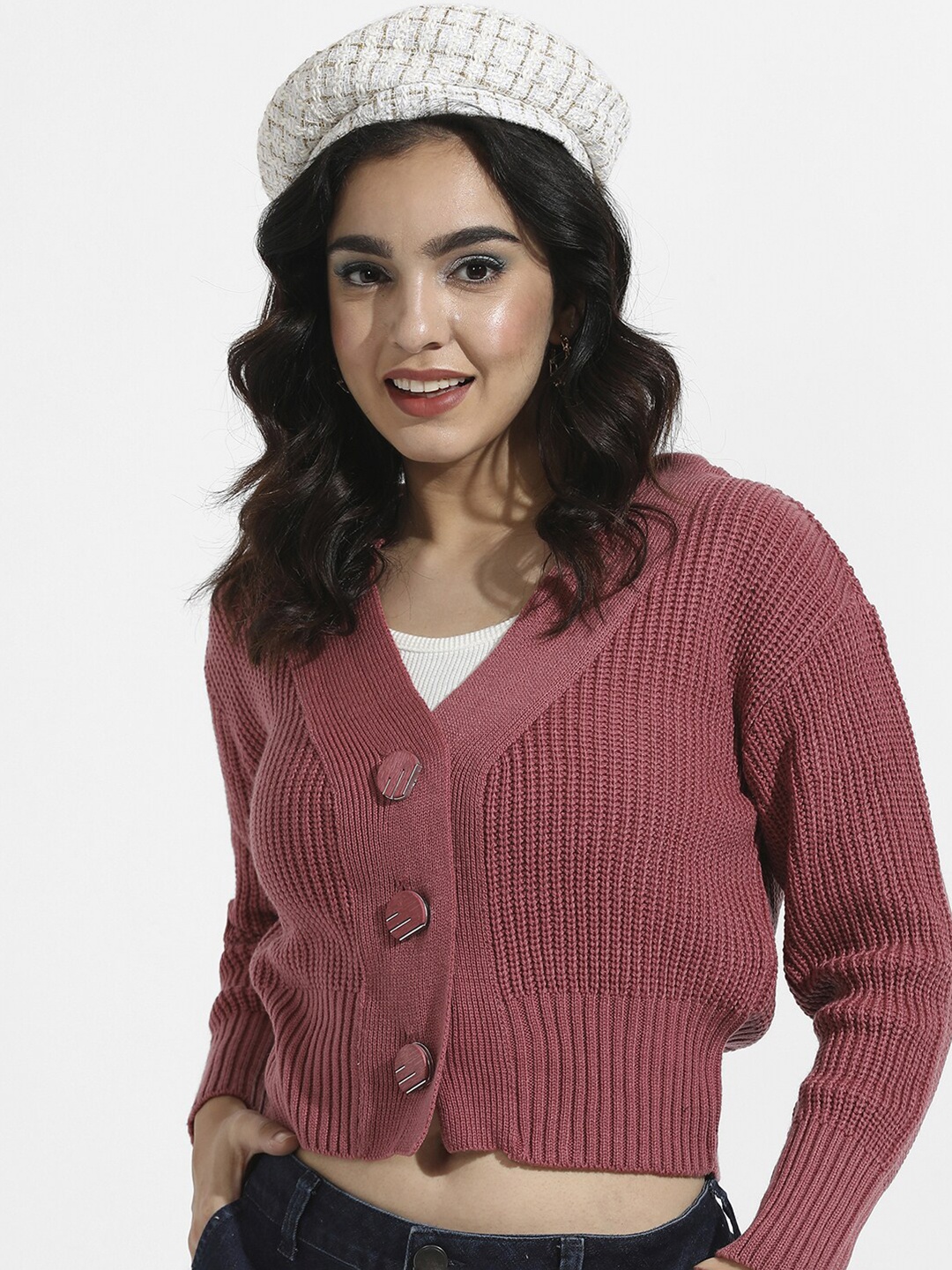 

Campus Sutra Cable Knit Woollen Cardigan, Pink