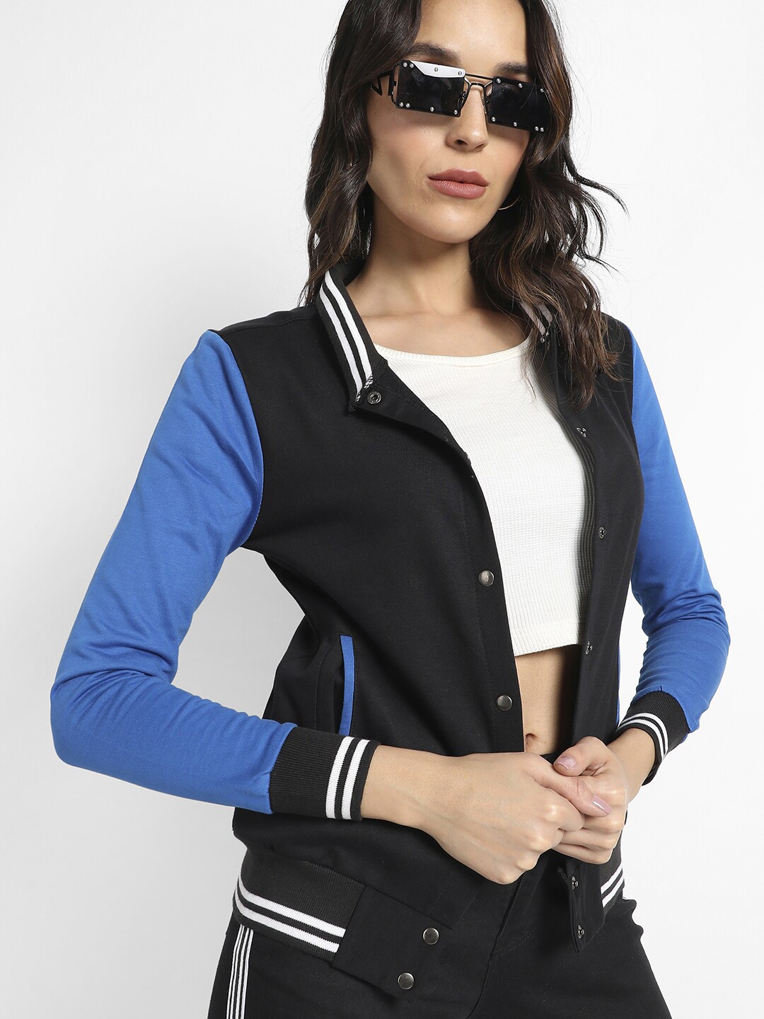 

Campus Sutra Mock Collar Colourblocked Cotton Bomber Jacket With Windcheater, Black