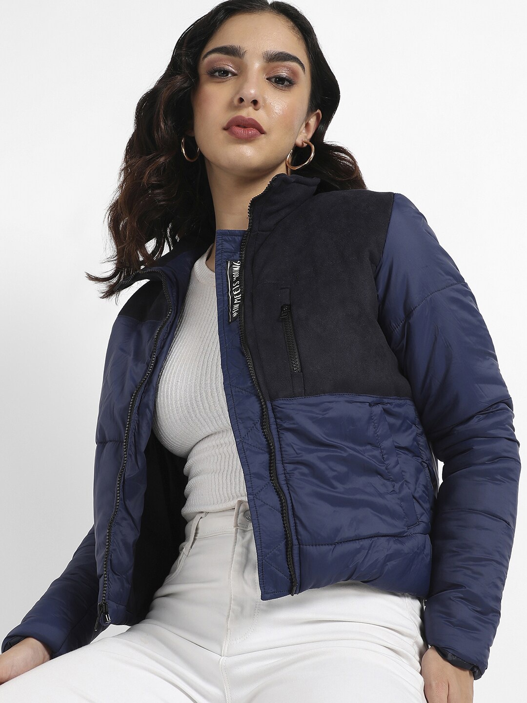 

Campus Sutra Mock Collar Colourblocked Puffer Jacket With Windcheater, Blue