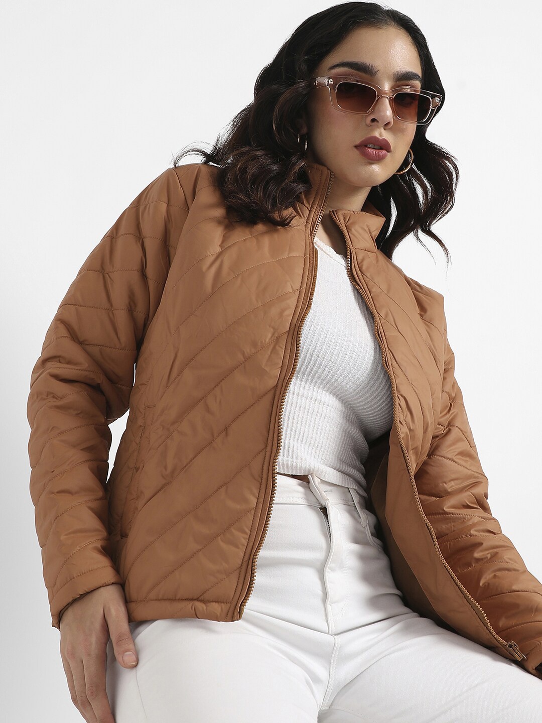 

Campus Sutra Striped Windcheater Padded Jacket, Brown