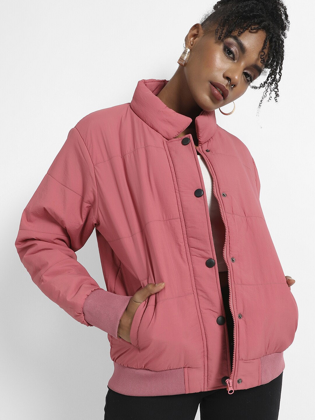 Campus Sutra Women Pink Windcheater Outdoor Tailored Jacket with Embroidered