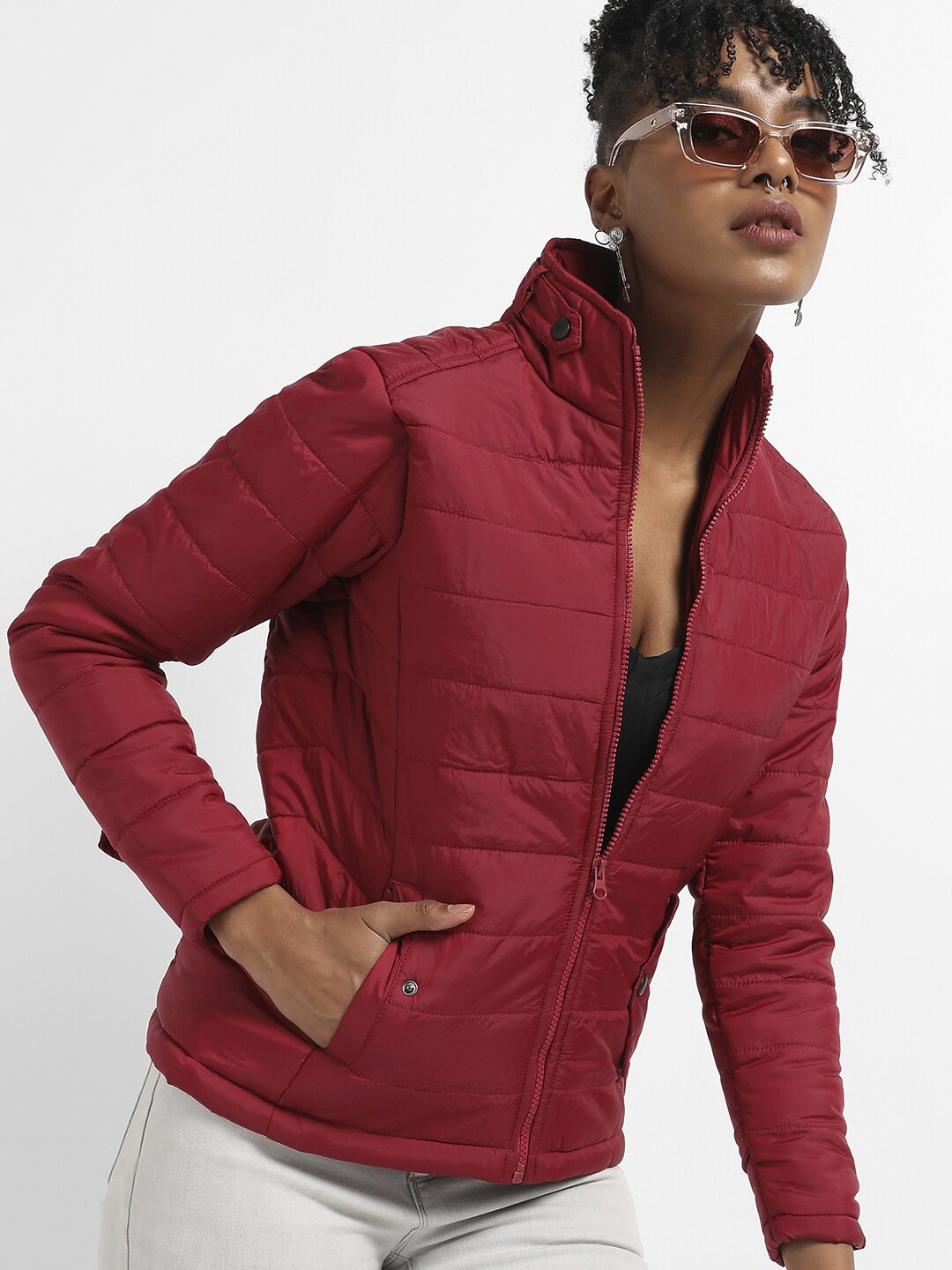 

Campus Sutra Striped Windcheater Padded Jacket, Maroon