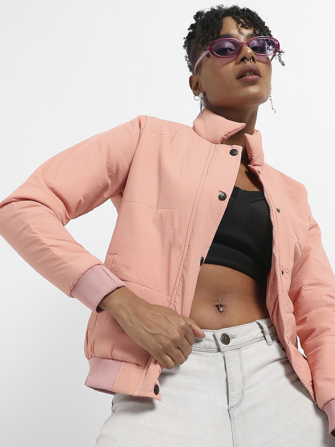 

Campus Sutra Striped Stand Collar Windcheater Bomber Jacket, Pink