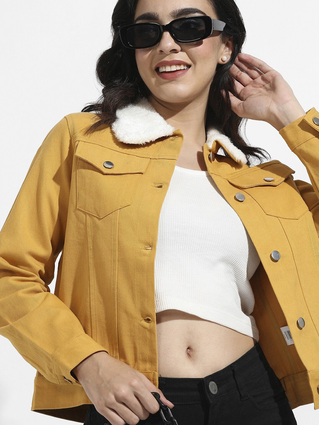 

Campus Sutra Windcheater Fur Details Outdoor Tailored Jacket, Yellow