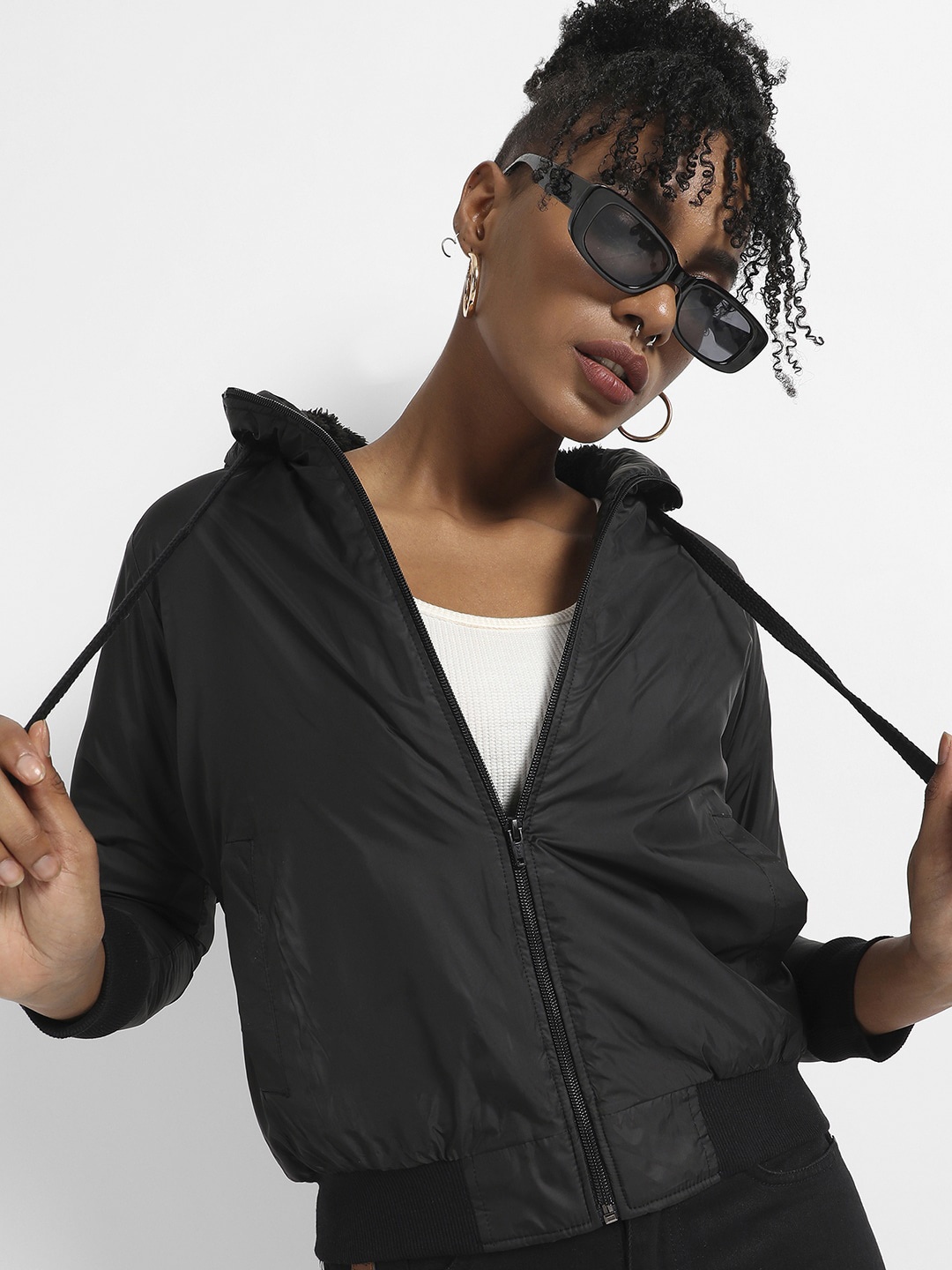 

Campus Sutra Windcheater Longline Outdoor Bomber Jacket, Black