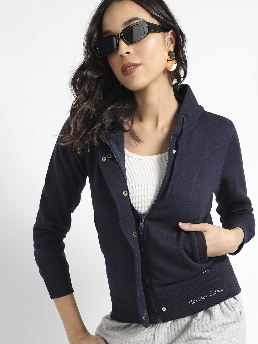 

Campus Sutra Windcheater Hooded Bomber Jacket, Navy blue