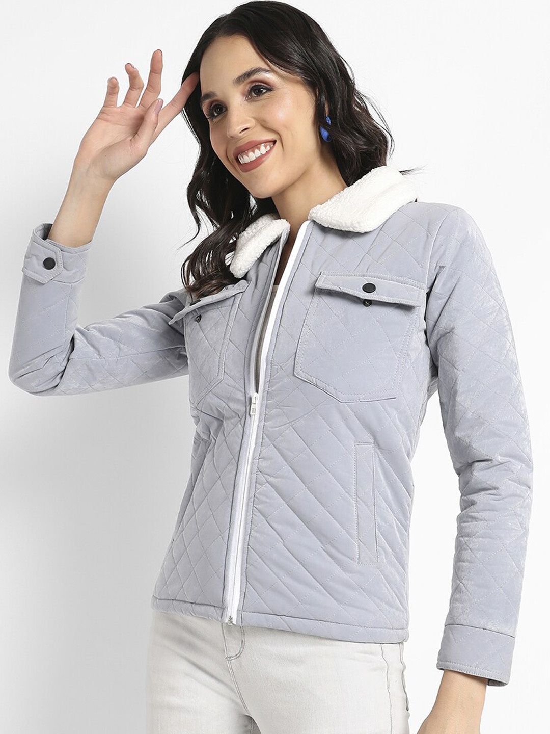 

Campus Sutra Checked Windcheater Quilted Jacket, Grey