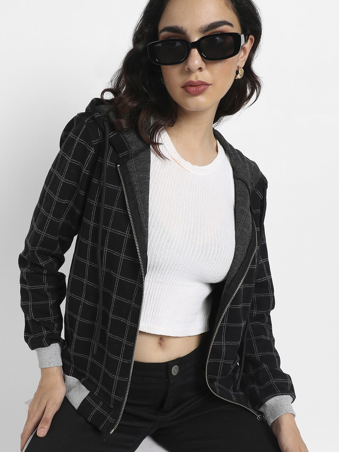 

Campus Sutra Women Black Checked Windcheater Outdoor Bomber Jacket