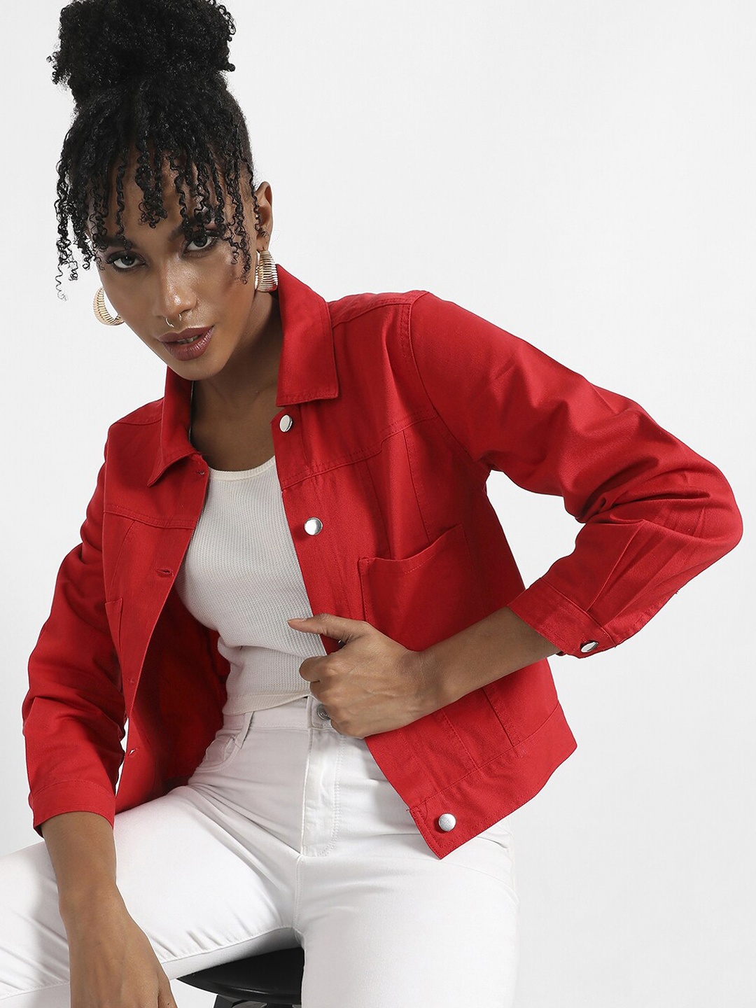 Campus Sutra Windcheater Cotton Crop Outdoor Tailored Jacket, Red