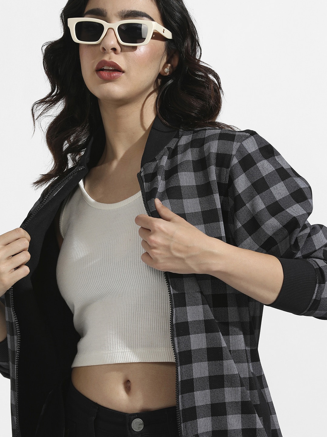 

Campus Sutra Checked Windcheater Cotton Bomber Jacket, Black