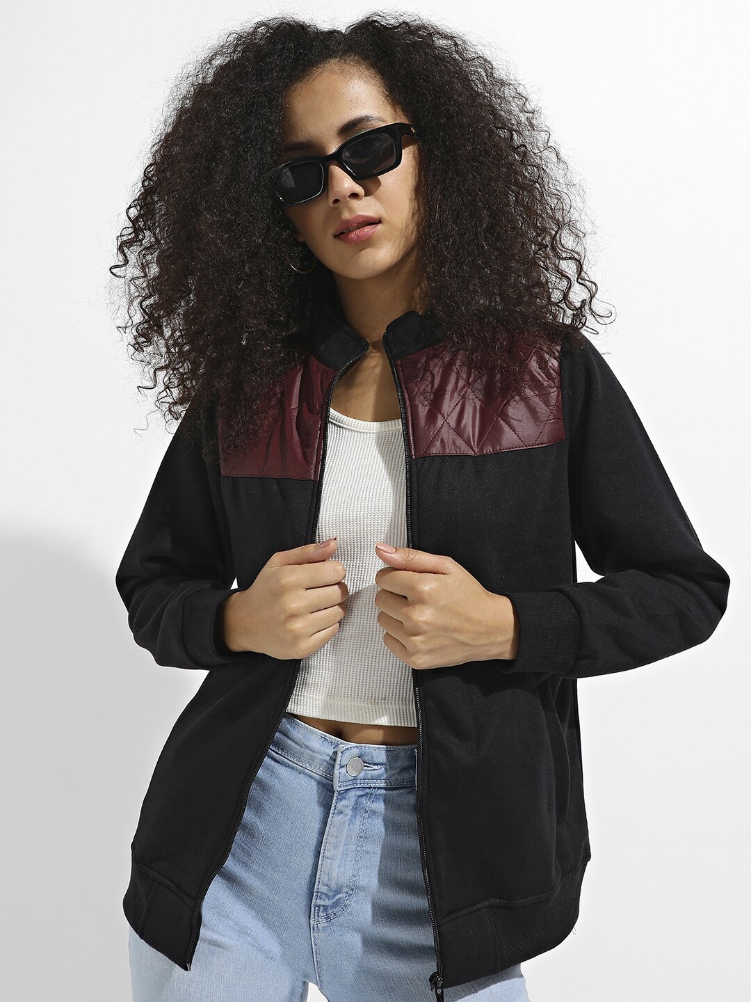 

Campus Sutra Windcheater Colourblocked Stand Collar Cotton Bomber Jacket, Black