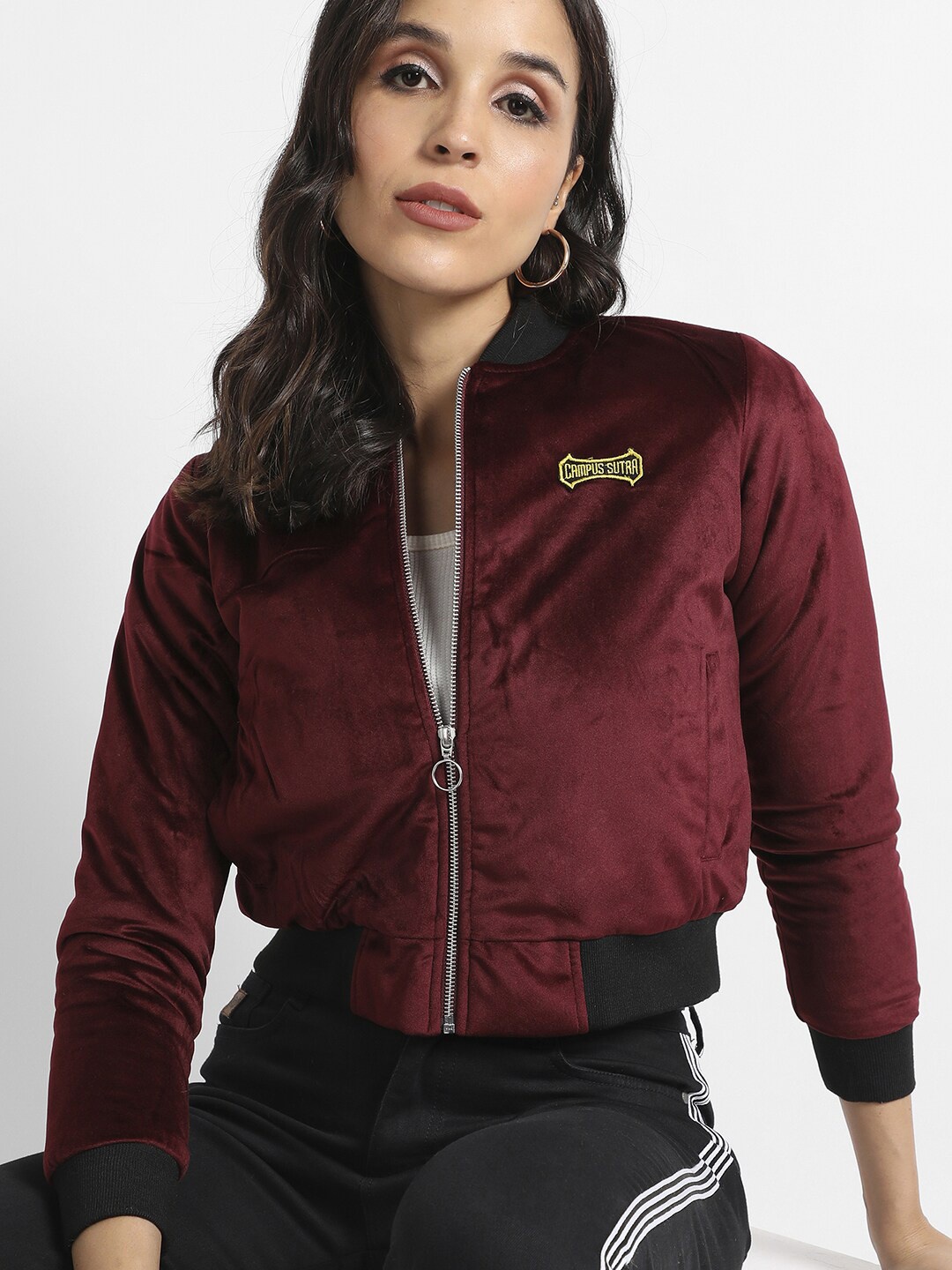 

Campus Sutra Windcheater Mock Collar Crop Bomber Jacket, Maroon