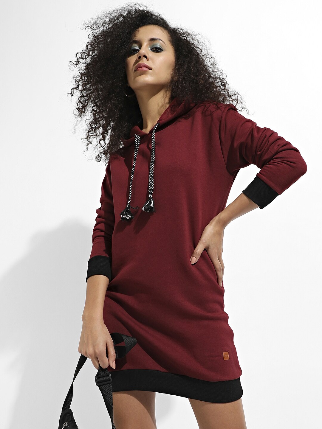 

Campus Sutra Hooded T-shirt Dress, Maroon