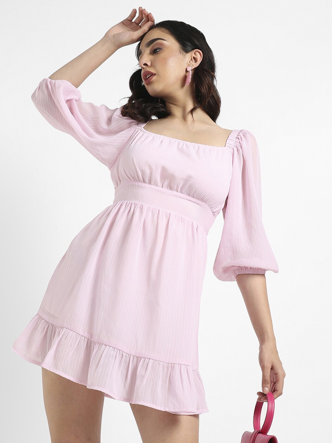 

Campus Sutra Square Neck Puff Sleeves Fit & Flare Mini Dress, Pink