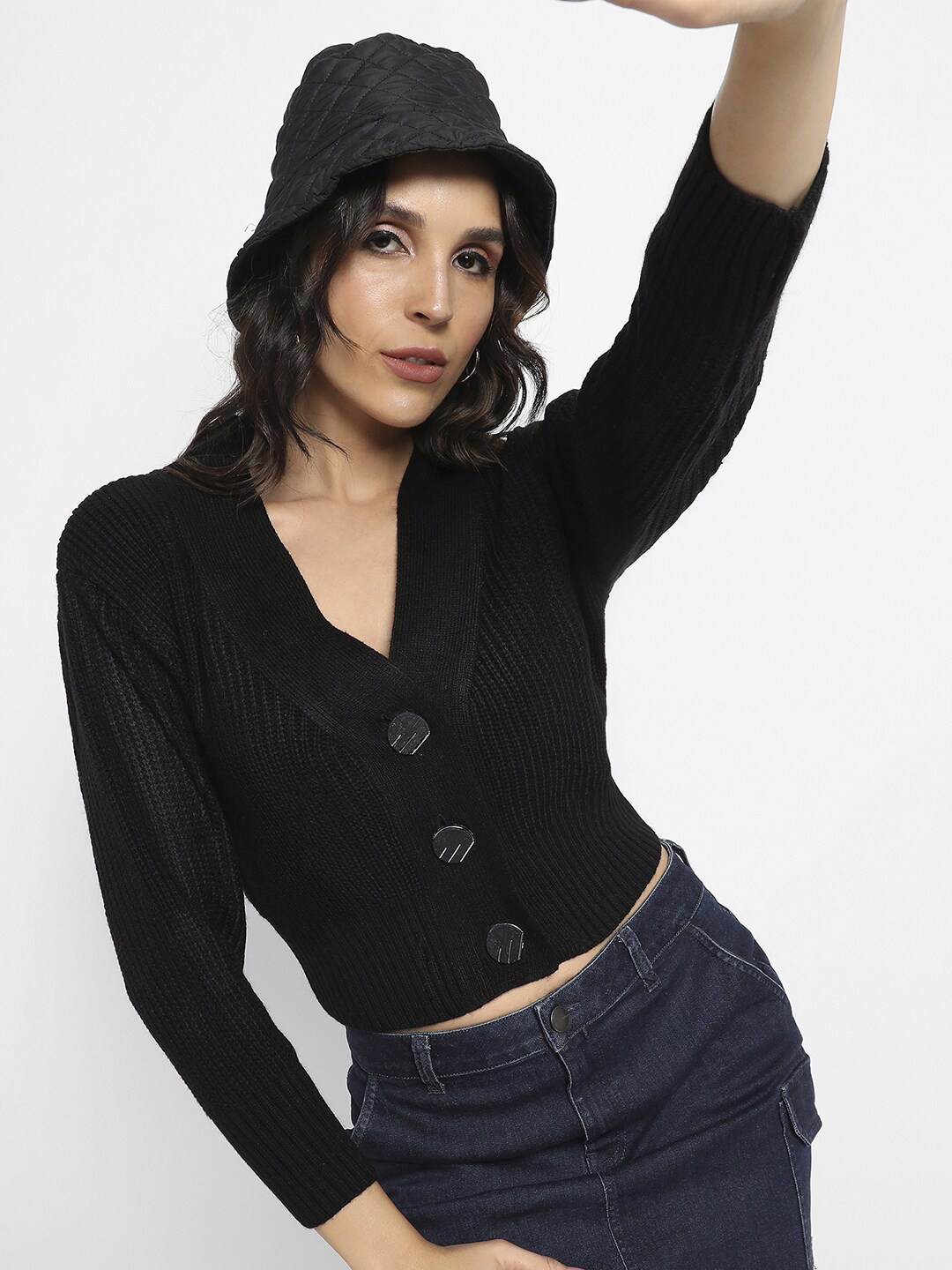 

Campus Sutra V-Neck Cable Knit Cotton Cropped Cardigan, Black