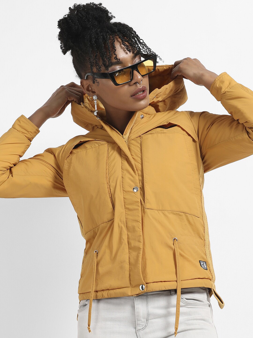 Campus Sutra Women Yellow Windcheater Longline Outdoor Sporty Jacket