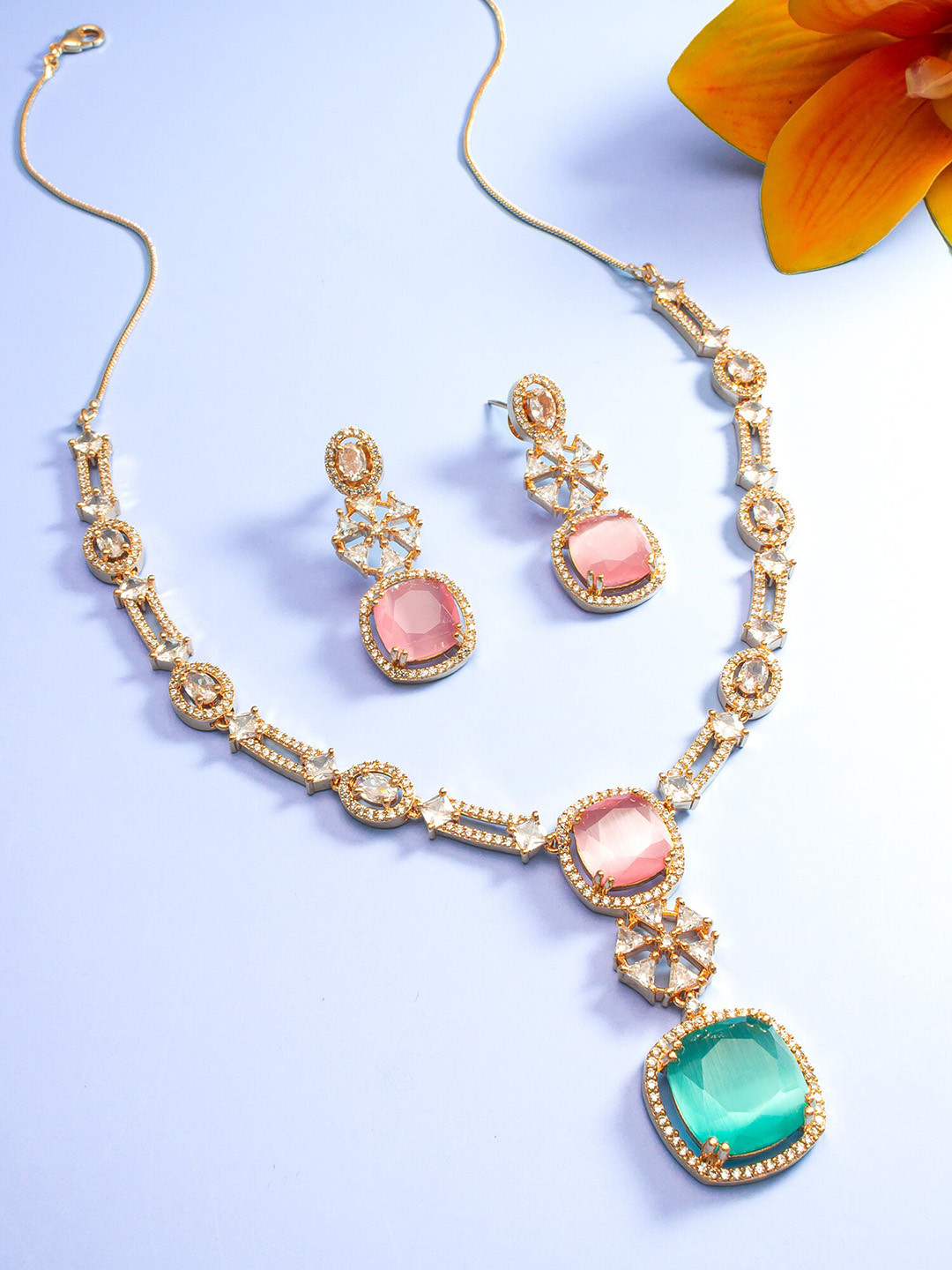 

aadita Rose Gold-Plated American Diamond Studded Afghan Necklace And Earrings