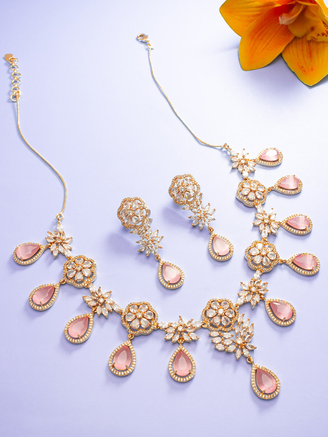 

aadita Rose Gold-Plated American Diamond Studded Afghan Necklace And Earrings
