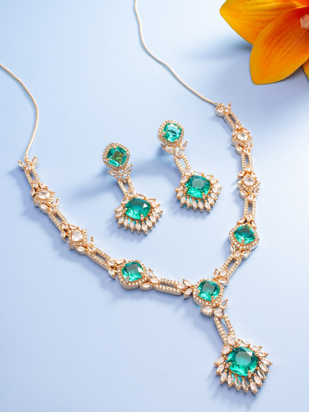 

aadita Rose Gold-Plated American Diamond Studded Afghan Necklace And Earrings