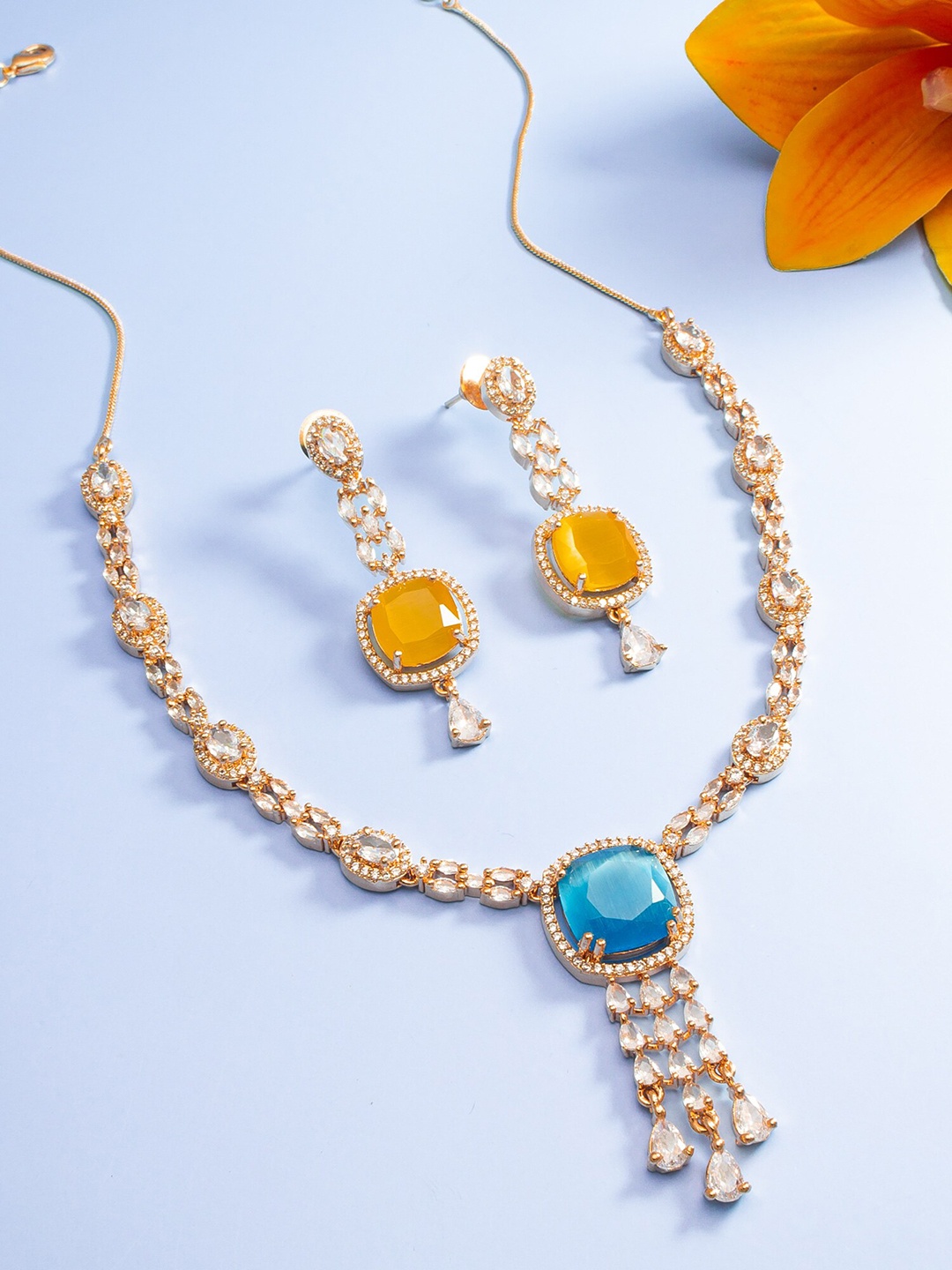 

aadita Rose Gold-Plated American Diamond Studded Afghan Necklace And Earrings