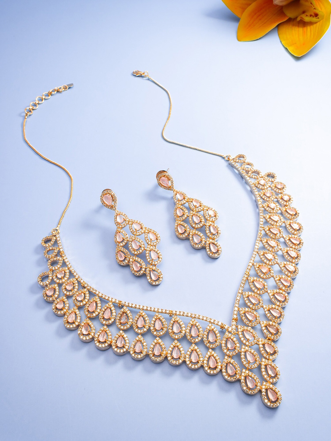 

aadita Rose Gold-Plated American Diamond Studded Afghan Necklace And Earrings