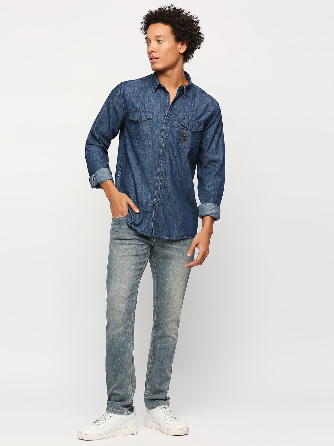 

BEAT LONDON by PEPE JEANS Spread Collar Pure Cotton Casual Shirt, Blue
