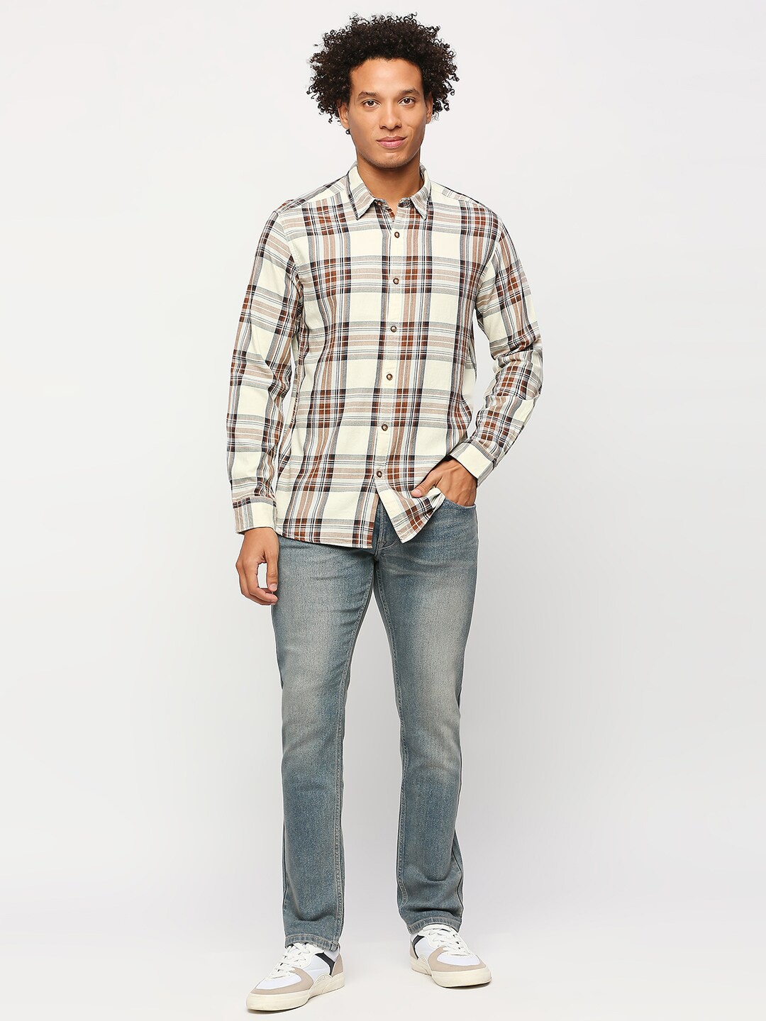 

BEAT LONDON by PEPE JEANS Tartan Checks Checked Pure Cotton Casual Shirt, Cream
