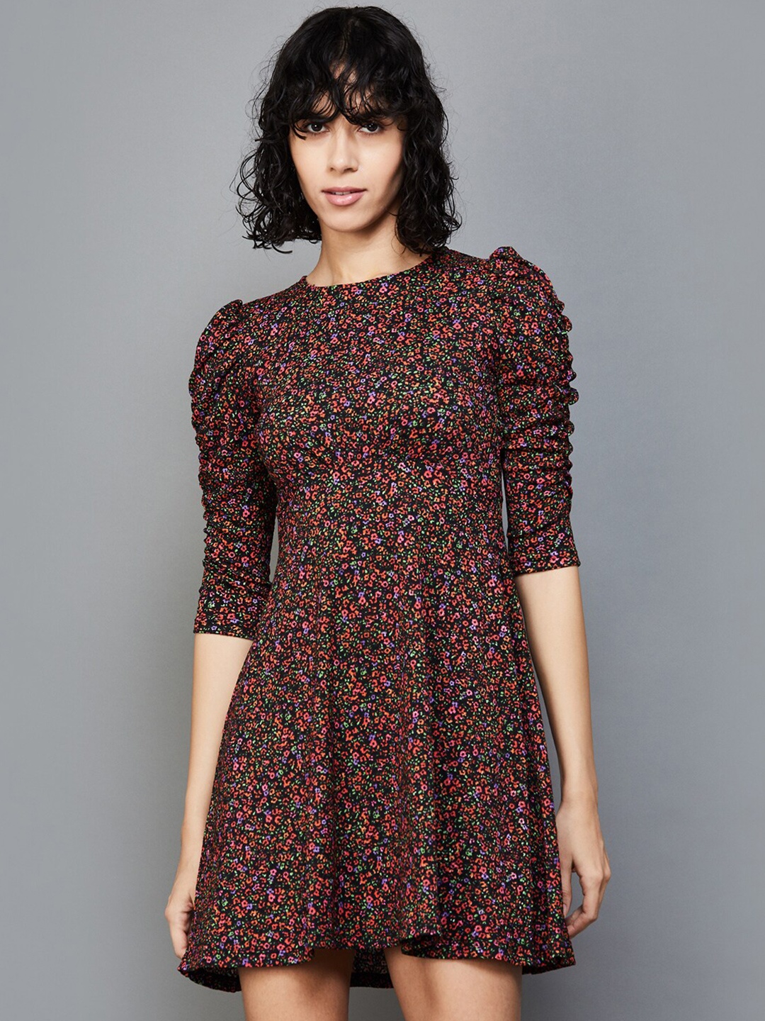 

Ginger by Lifestyle Floral Printed Puff Sleeve Fit & Flare Mini Dress, Black