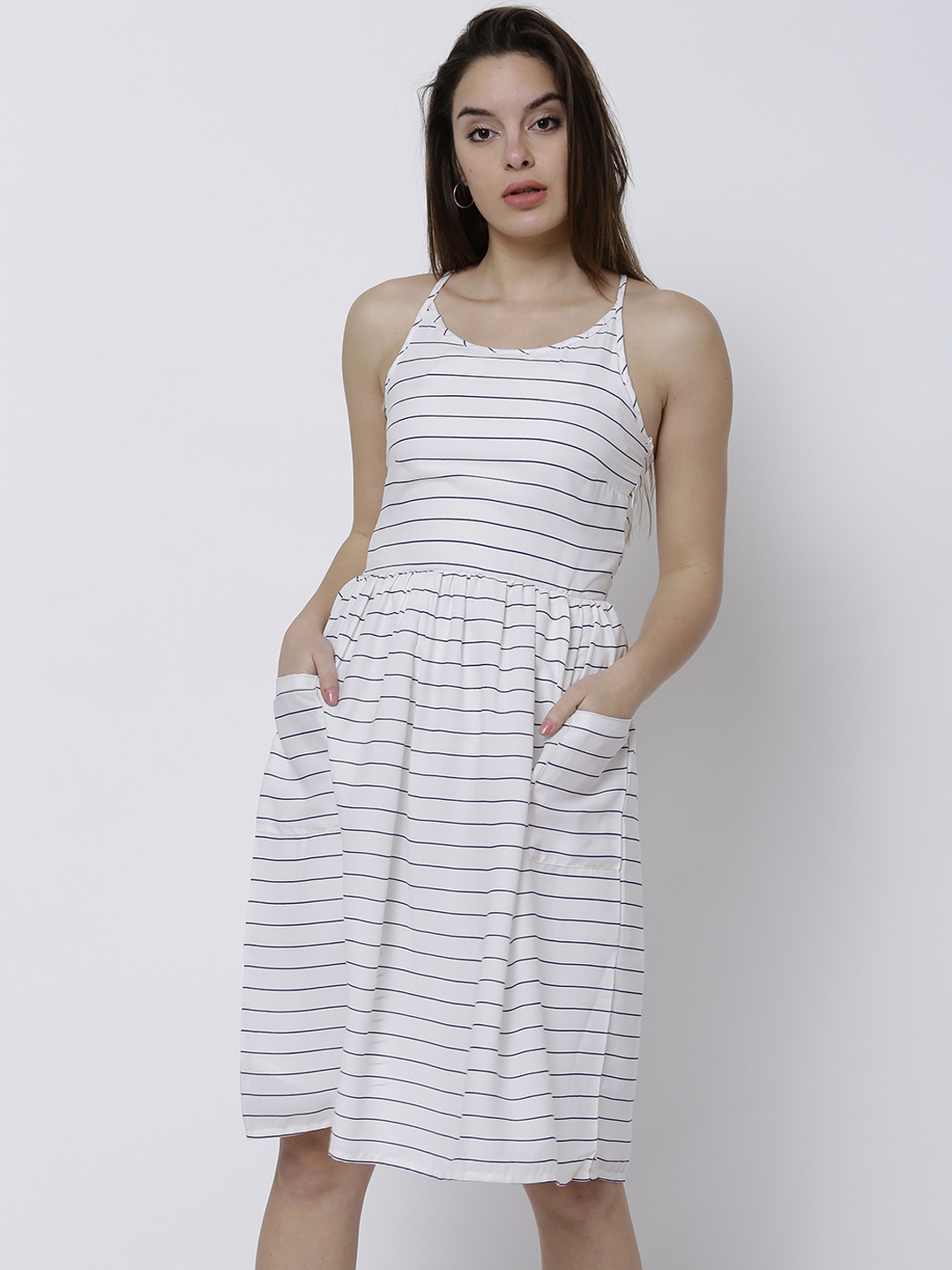 

Tokyo Talkies Women White Striped Fit and Flare Dress