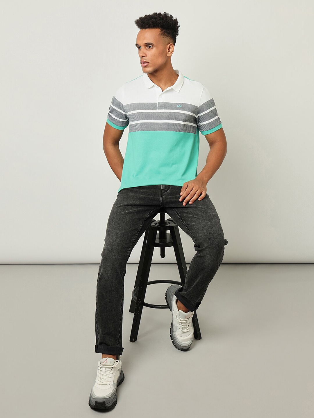 

Lee Men Green Striped Polo Collar Pockets Slim Fit T-shirt