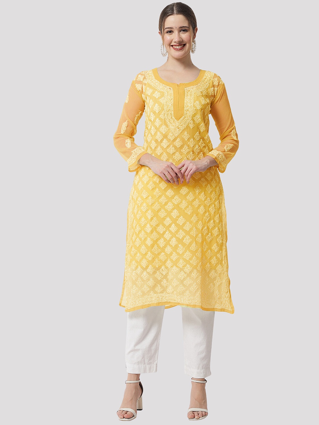 

Ethnava Ethnic Motifs Embroidered Kurta With Slip, Yellow