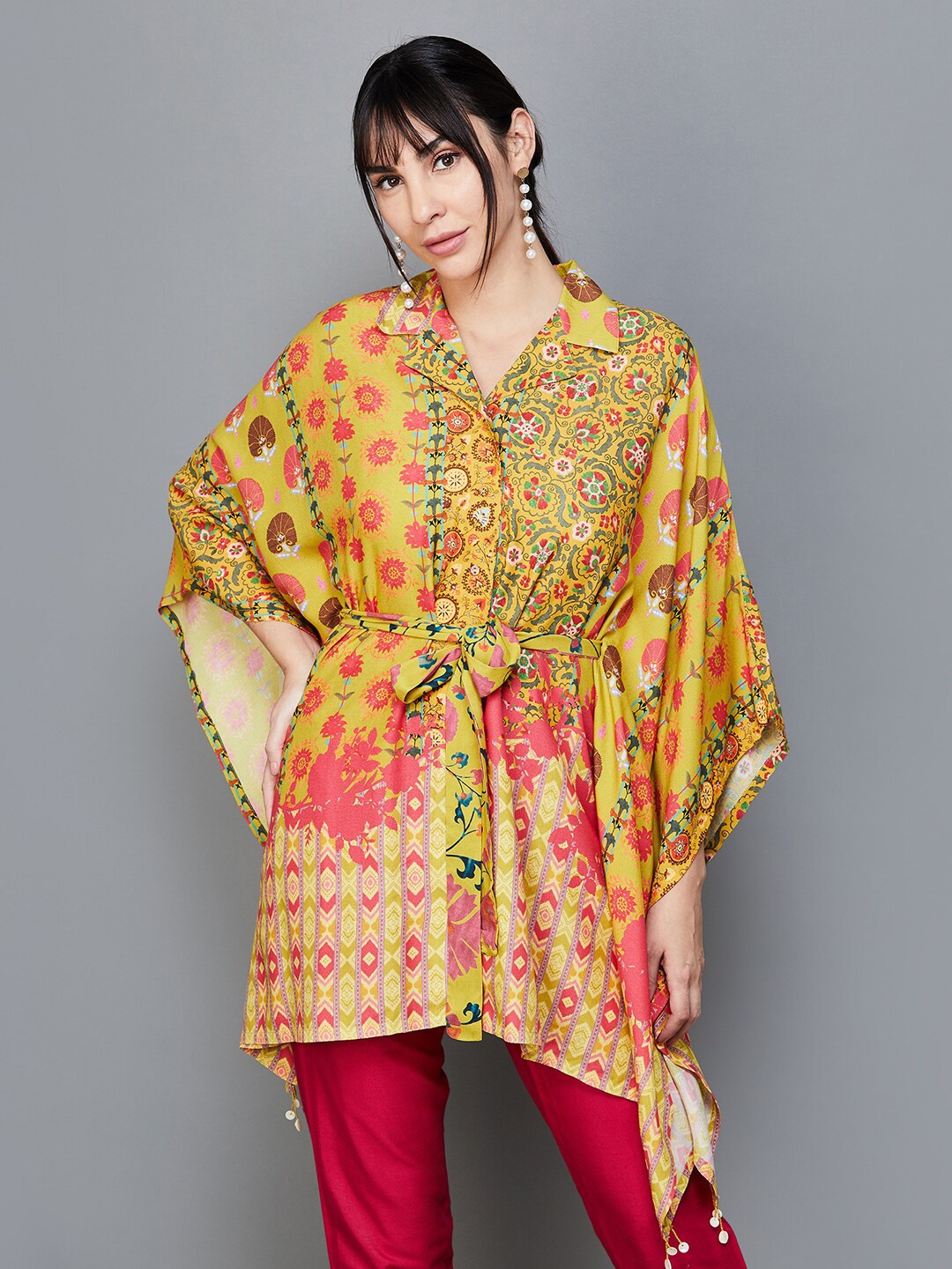 

Melange by Lifestyle Floral Printed Shirt Collar Tunic With Waist Tie-Up, Yellow