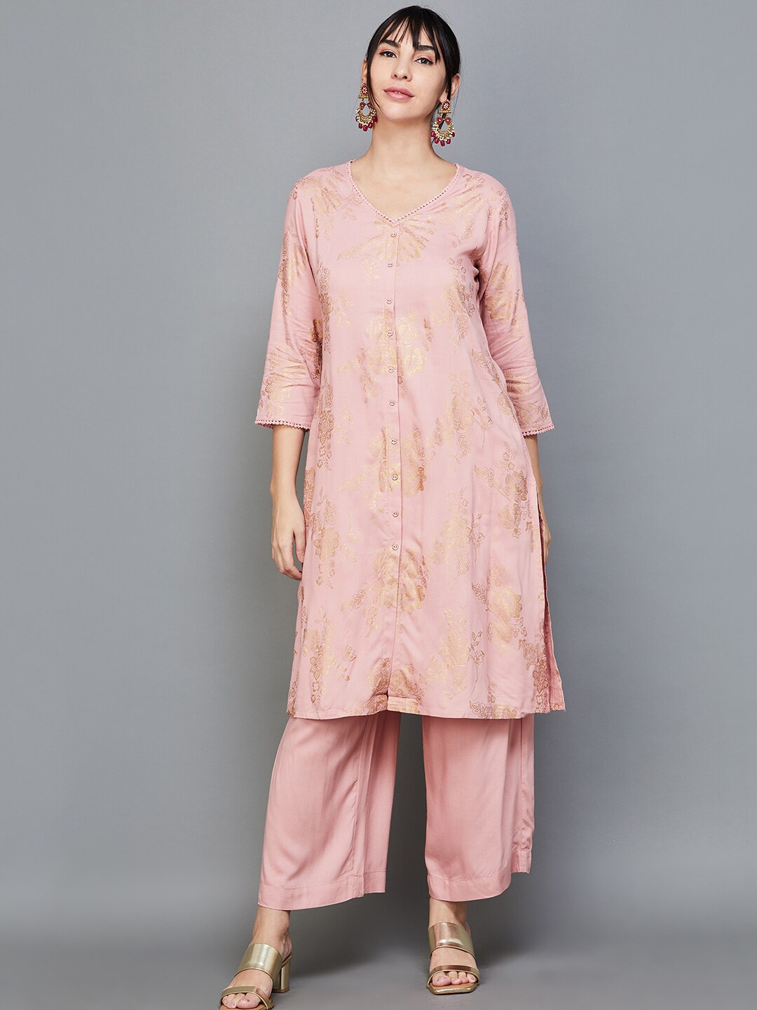 

Melange by Lifestyle Floral Printed Straight Kurta With Palazzos, Pink