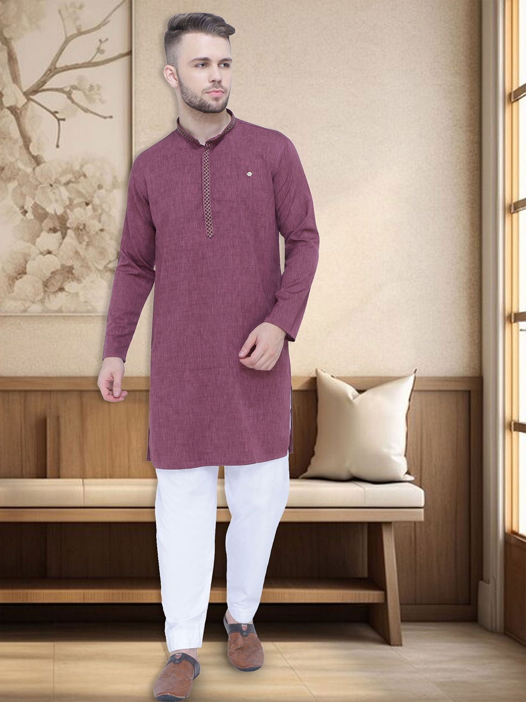 

Kuons Avenue Mandarin Collar Long Sleeves Straight Kurta, Purple