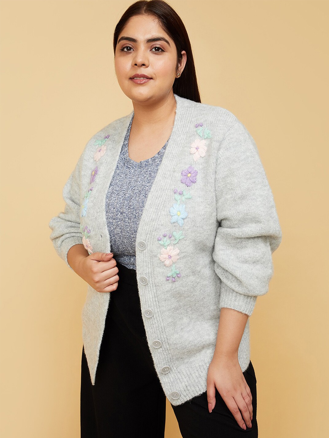 

max Floral Self Design Ribbed Acrylic Cardigan Sweaters, Grey