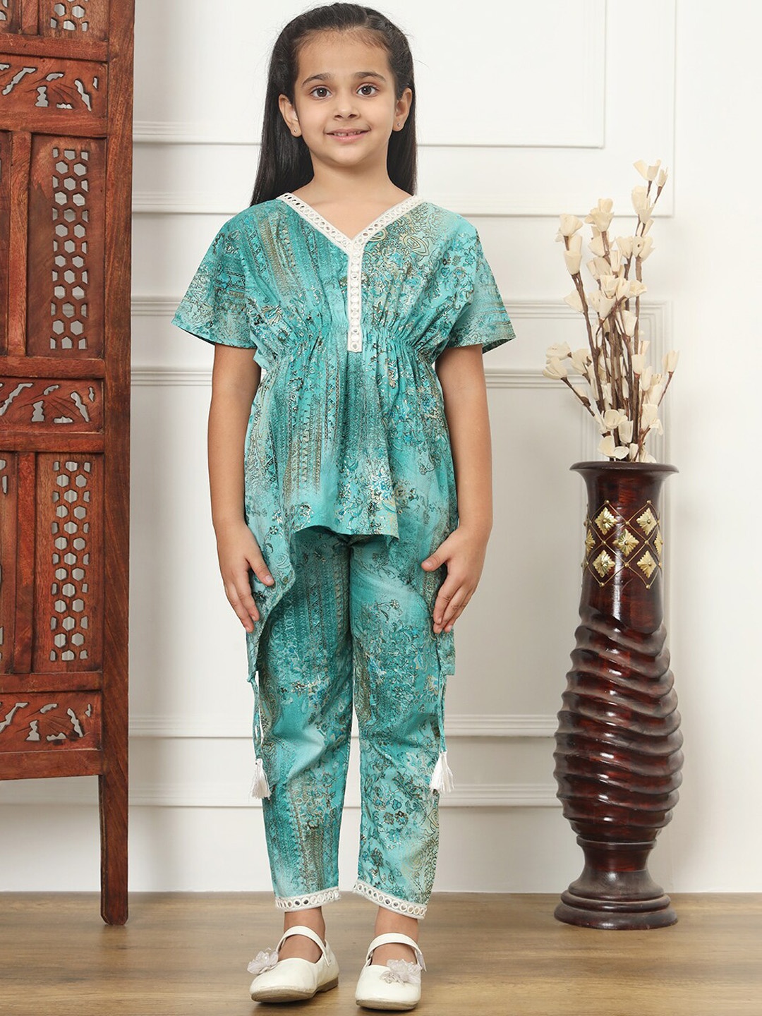 

Readiprint Girls Floral Printed Mirror Work Pure Cotton Top With Trousers, Green