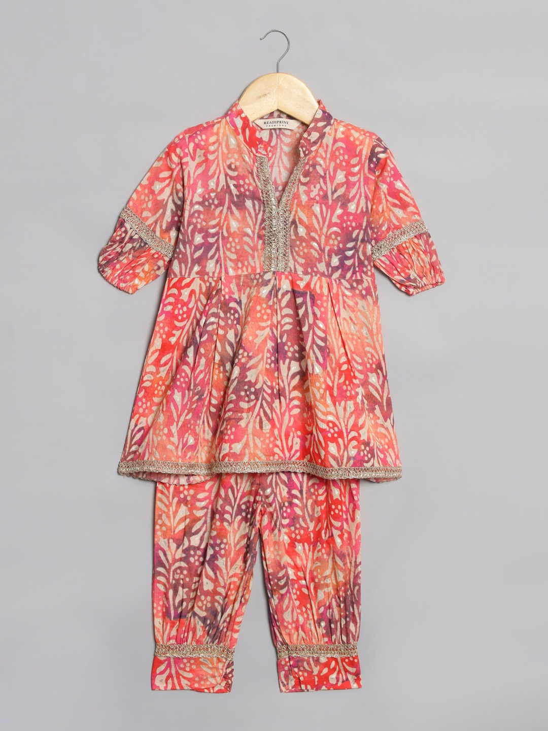 

Readiprint Fashions Girls Floral Printed Empire Gotta Patti Cotton Kurti With Pyjamas, Orange