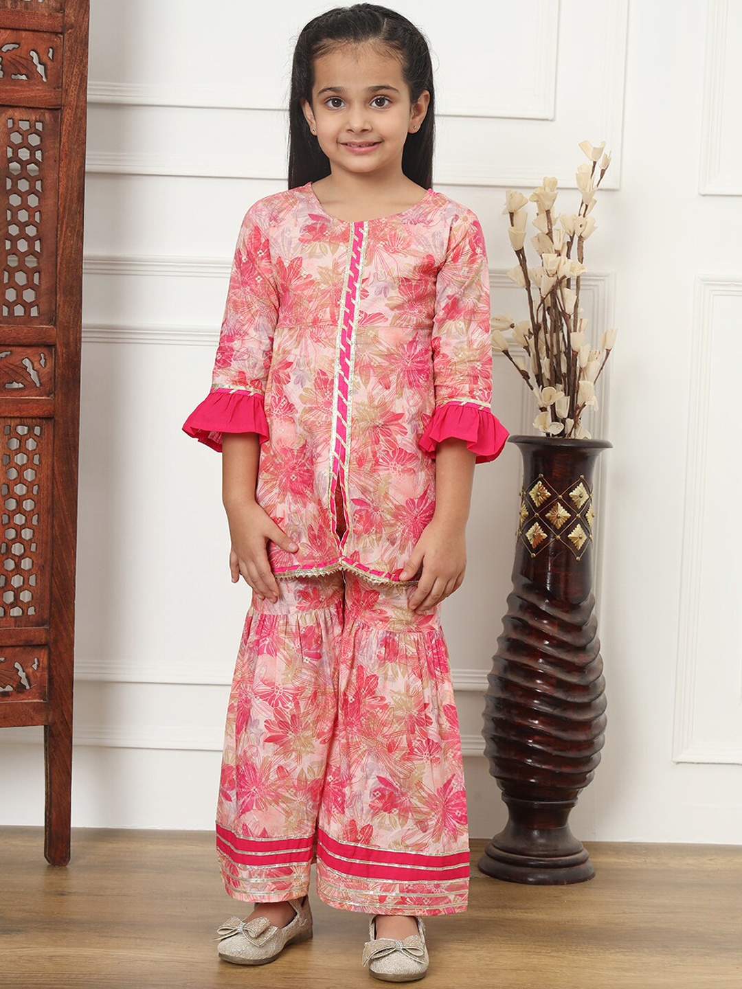 

Readiprint Fashions Girls Floral Printed Empire Gotta Patti Pure Cotton Kurti With Sharara, Pink