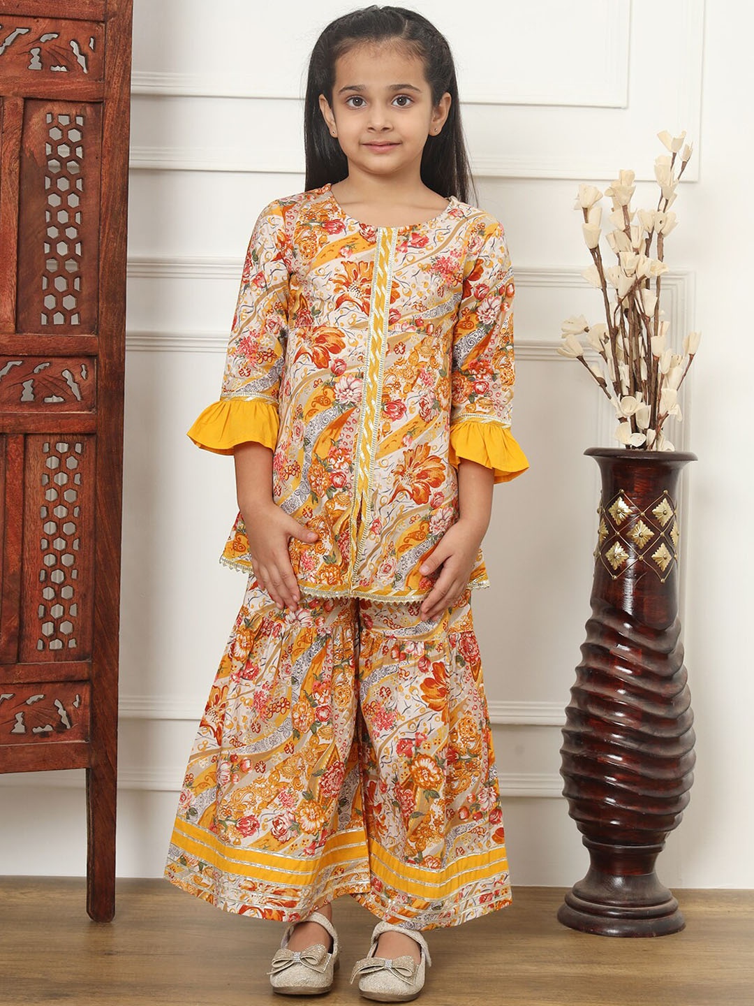 

Readiprint Fashions Girls Floral Printed Gotta Patti Pure Cotton Kurta With Sharara, Mustard