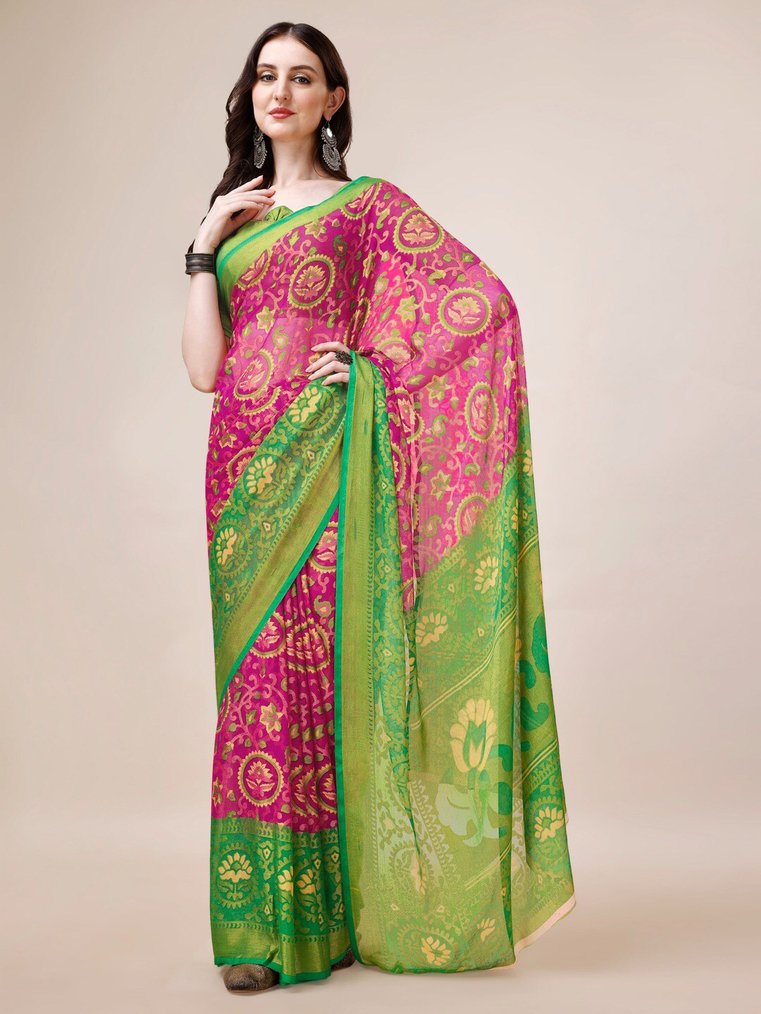 

Dori Floral Printed Pure Chiffon Saree, Pink