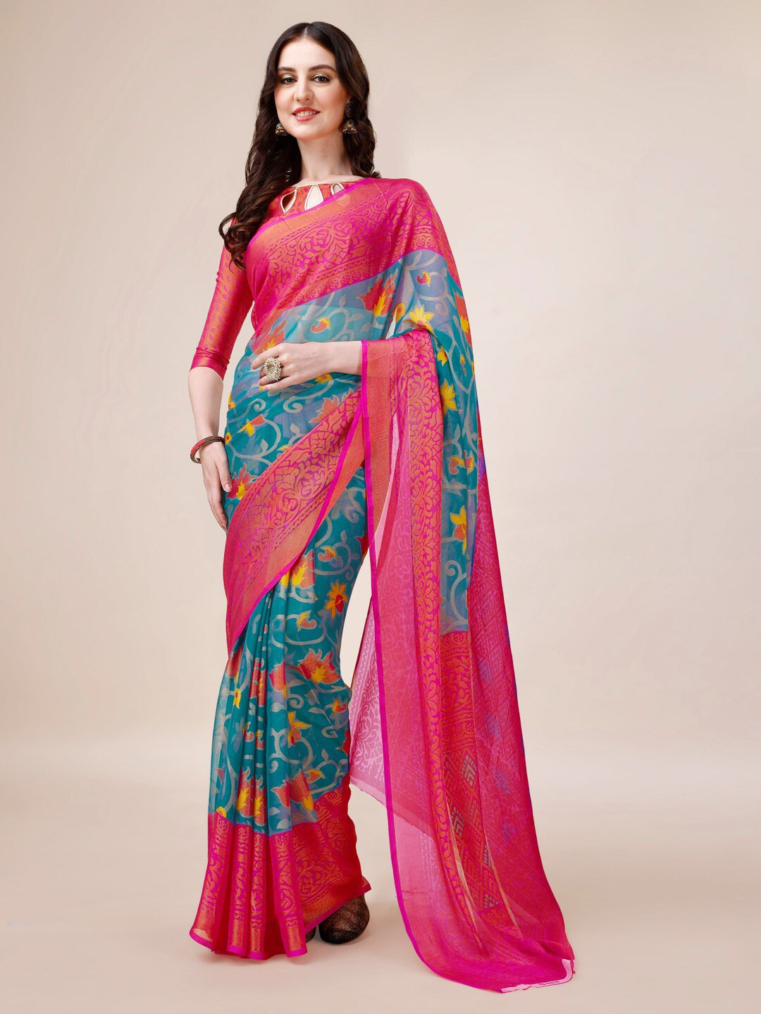 

Dori Floral Printed Pure Chiffon Saree, Blue