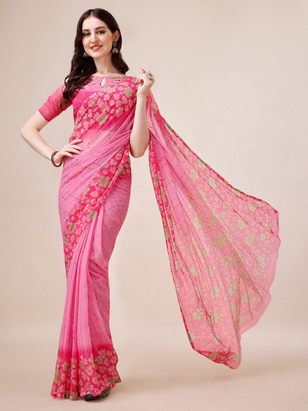 

Dori Striped Pure Chiffon Saree, Pink