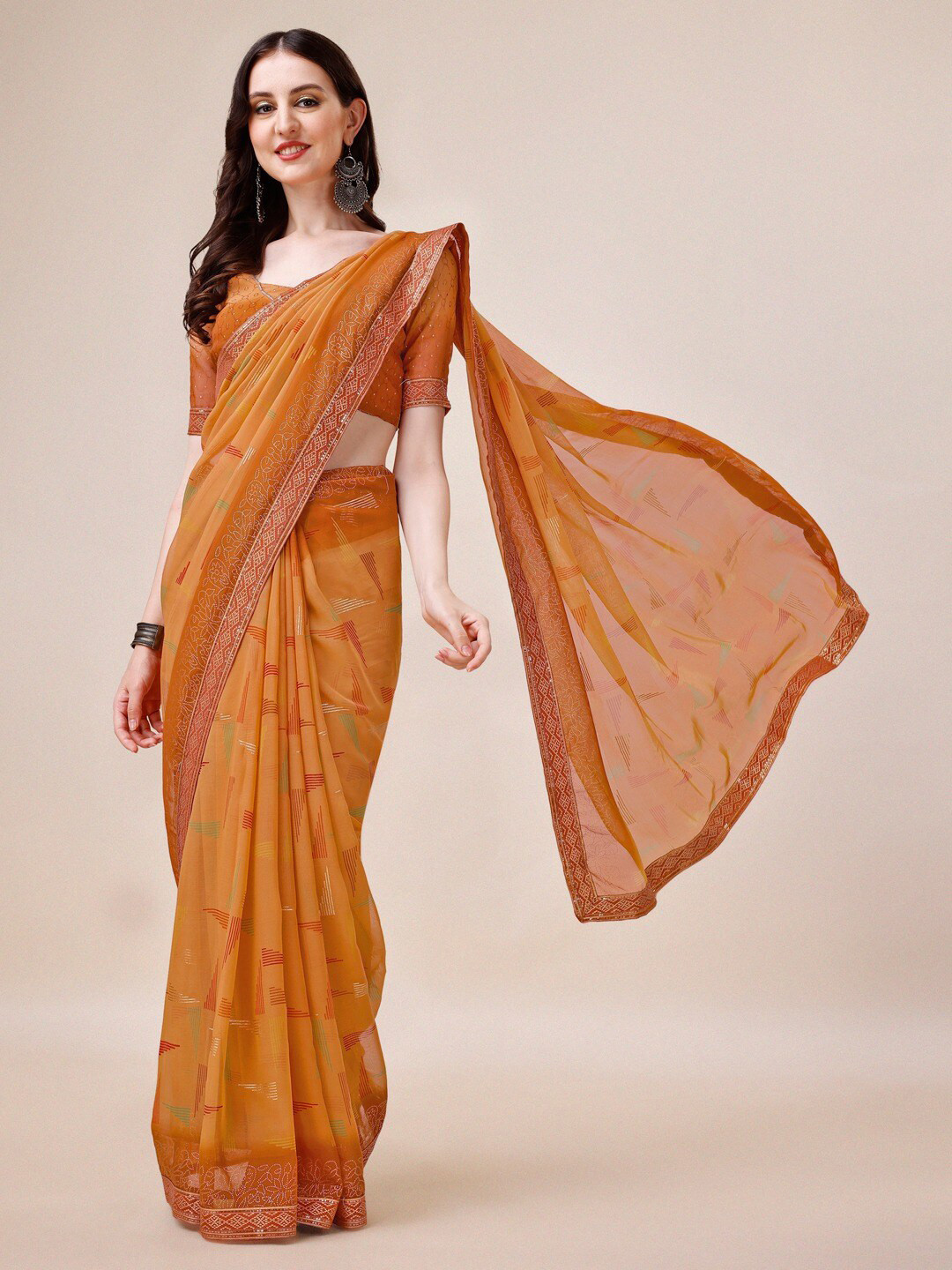 

Dori Geometric Printed Pure Chiffon Saree, Orange