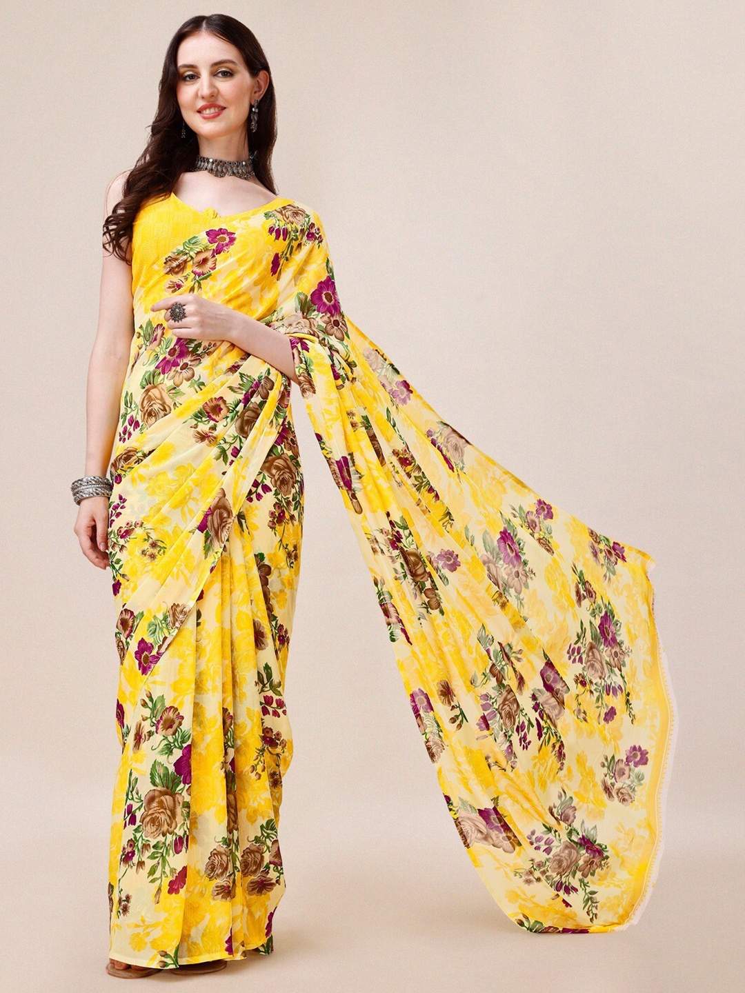 

Dori Floral Printed Pure Georgette Saree, Yellow