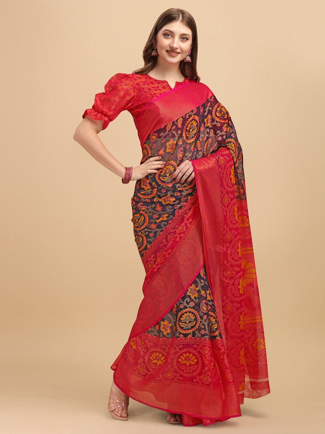 

Dori Navy Floral Printed Pure Chiffon Saree, Navy blue