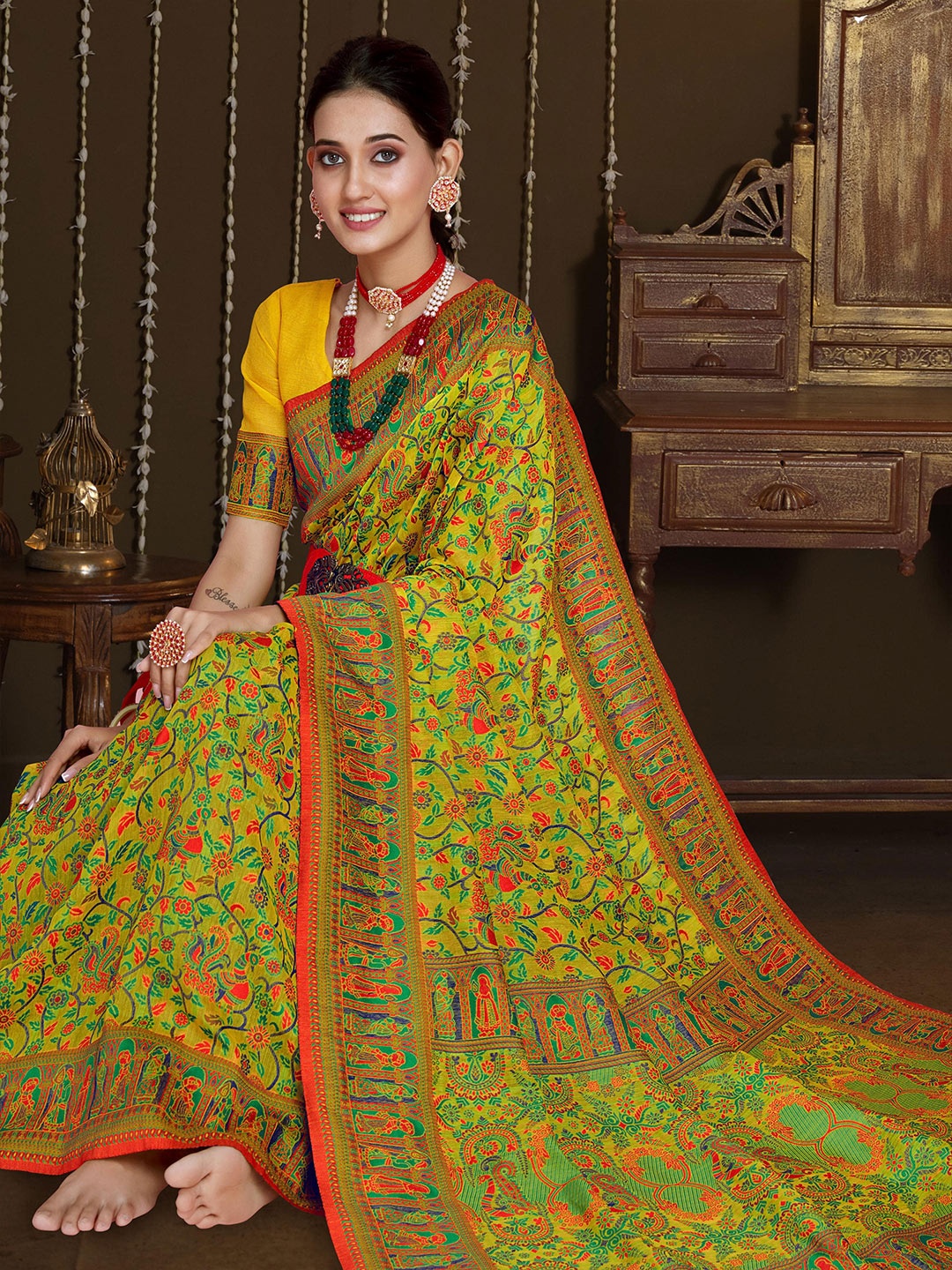 

Sangria Yellow & Red Ethnic Motif Woven Design Zari Pashmina Saree